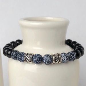 Mens Volcanic Onyx Black Silver Beaded Bracelet-2
